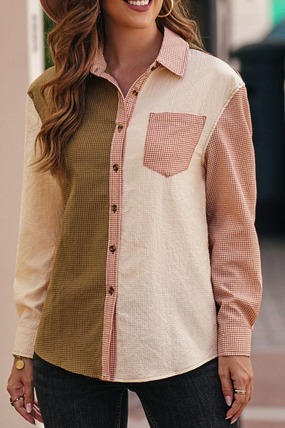 Contrast Plaid Button Down Long Sleeve Shirt - The Goddess Galleries