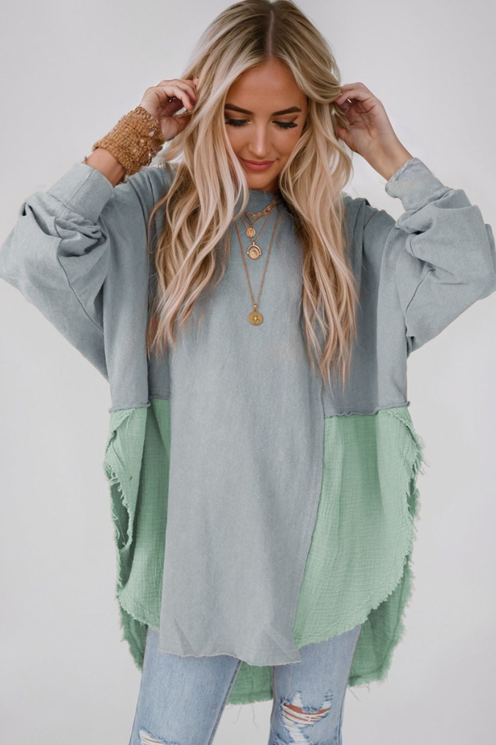 Contrast Texture Round Neck Long Sleeve Blouse - The Goddess Galleries