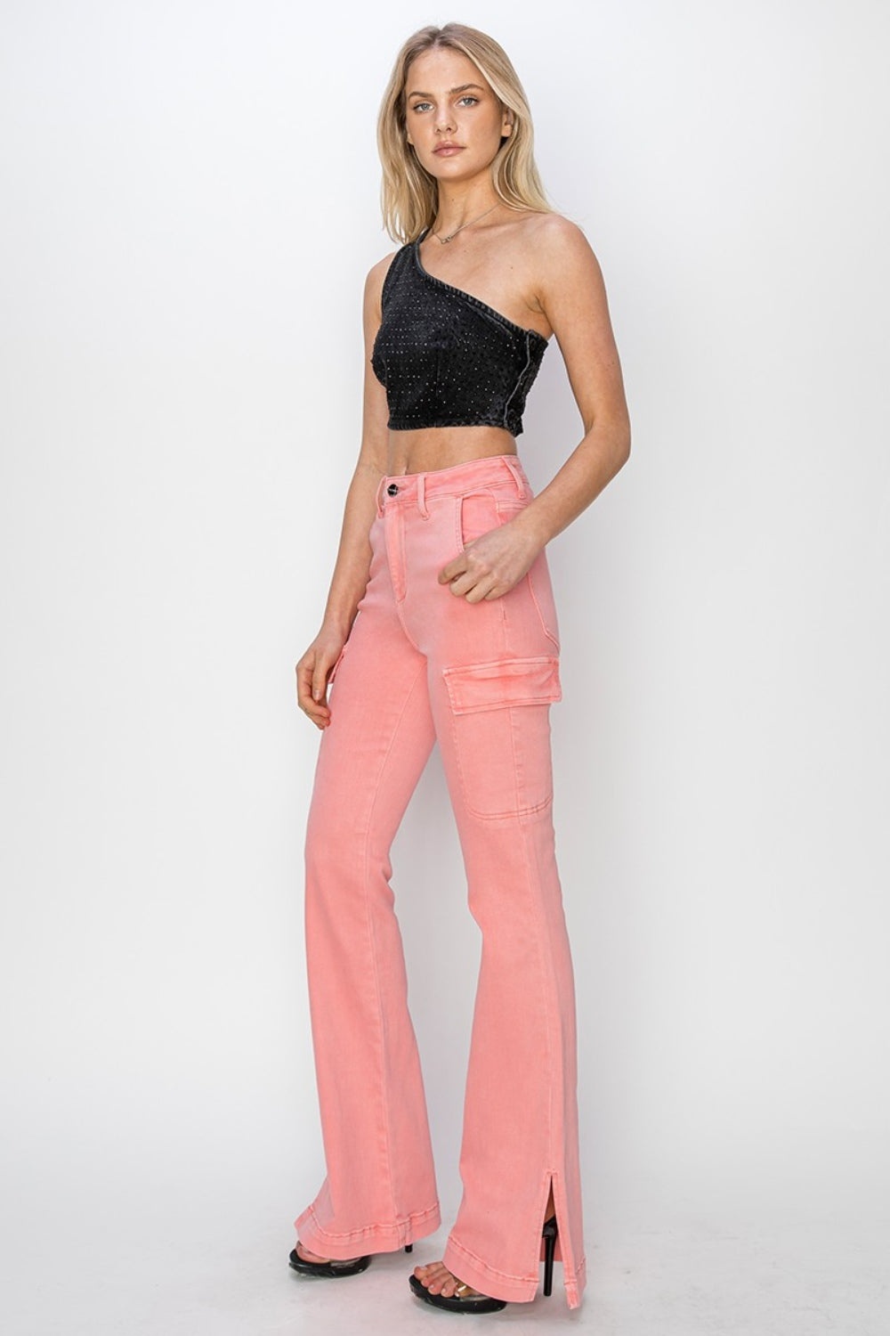 RISEN Full Size High Rise Side Slit Cargo Bootcut Jeans - The Goddess Galleries