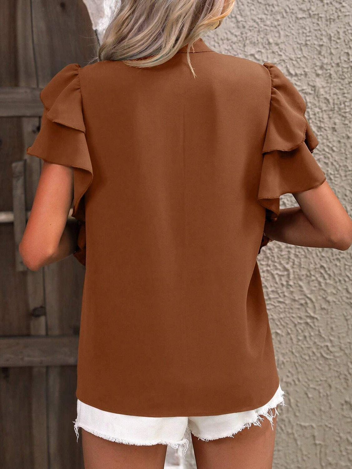 Ruffled Notched Short Sleeve Blouse - The Goddess Galleries