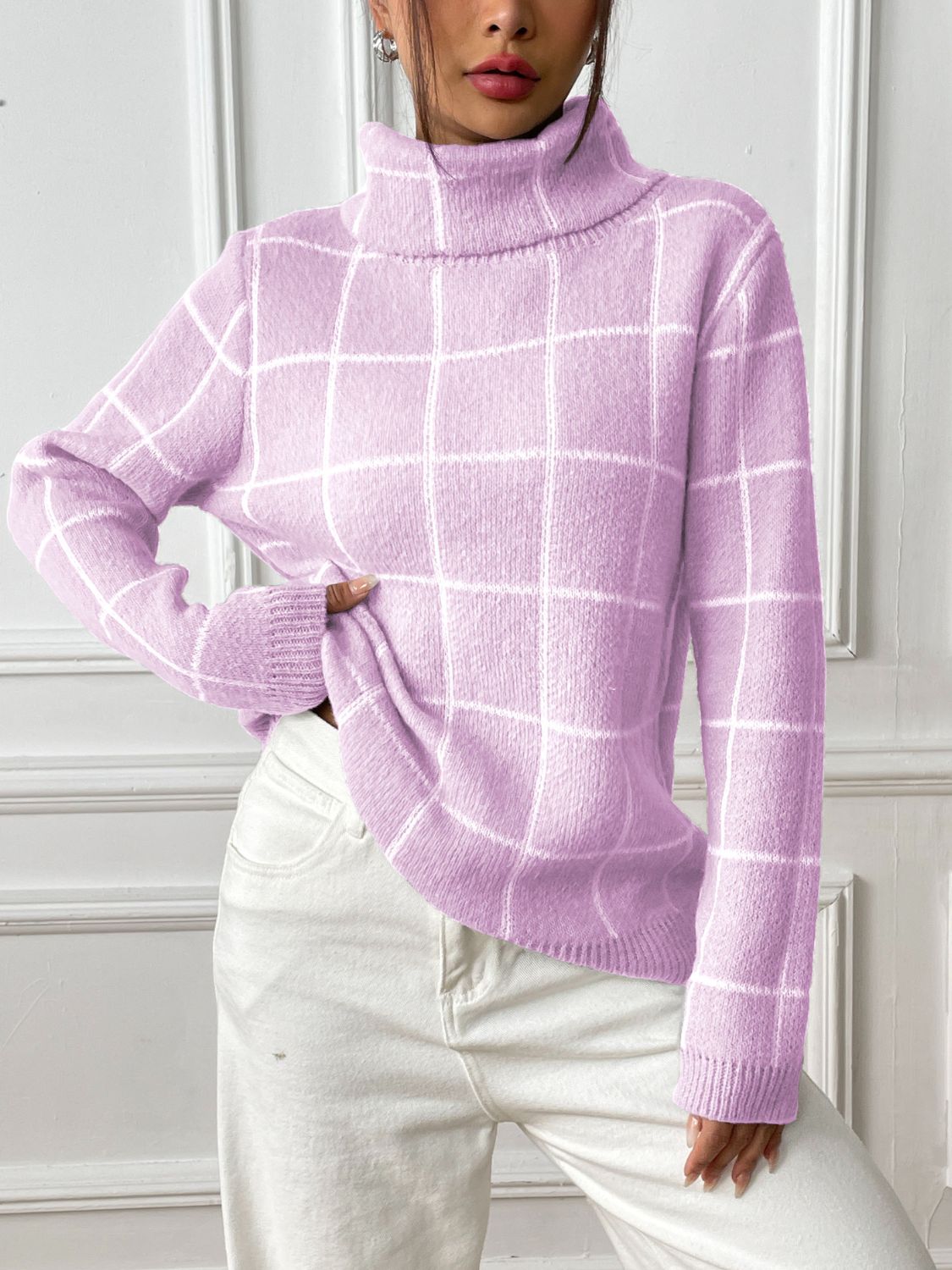 Plaid Turtleneck Long Sleeve Sweater - The Goddess Galleries