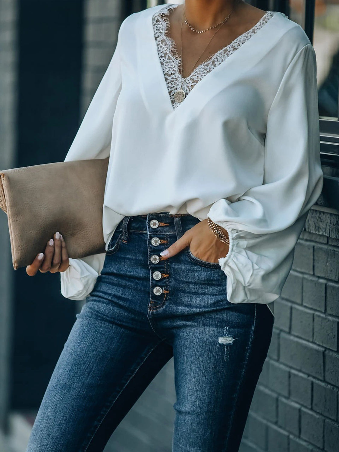 Lace Detail V-Neck Long Sleeve Blouse - The Goddess Galleries