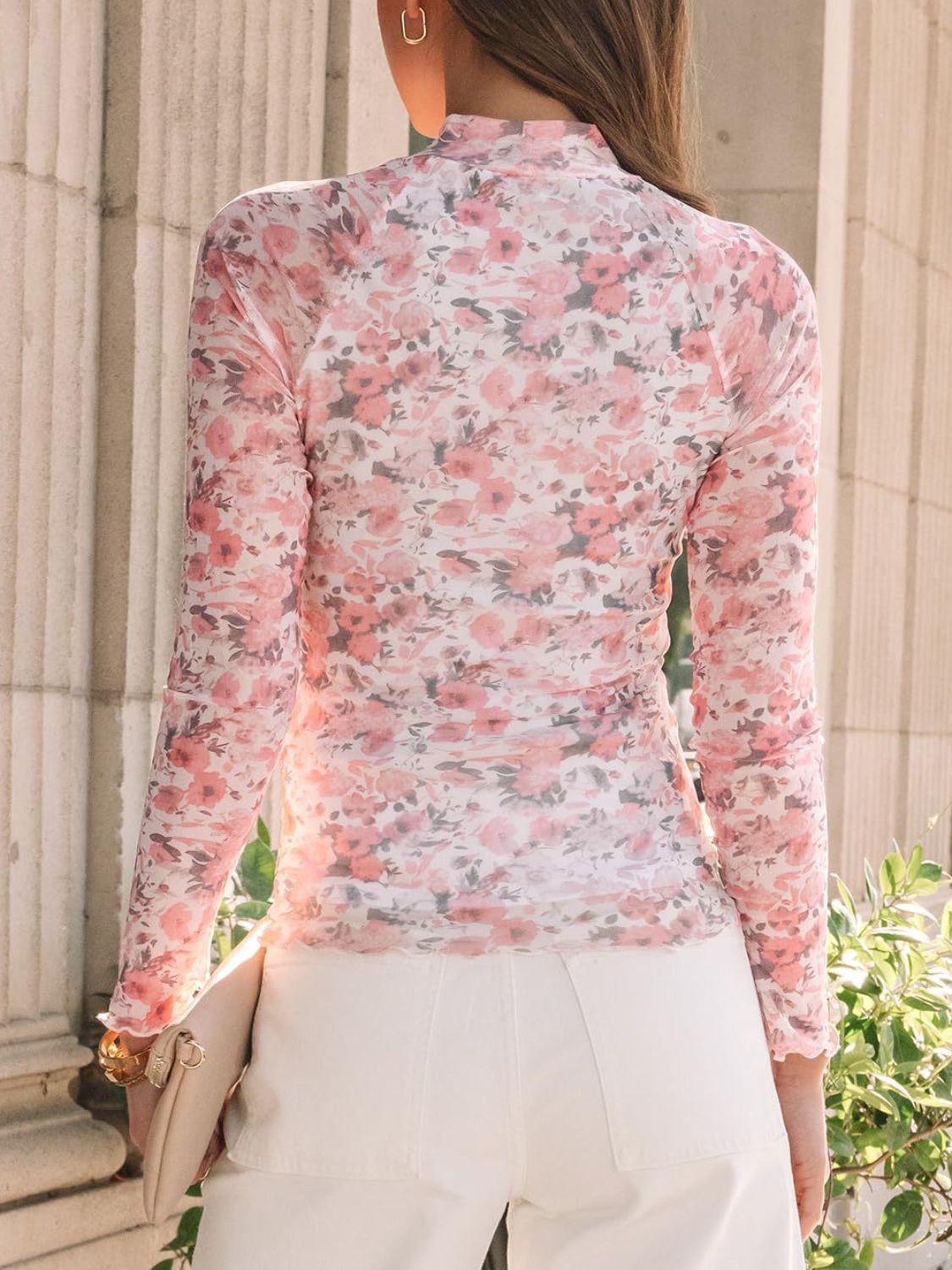 Floral Mock Neck Long Sleeve T-Shirt - The Goddess Galleries