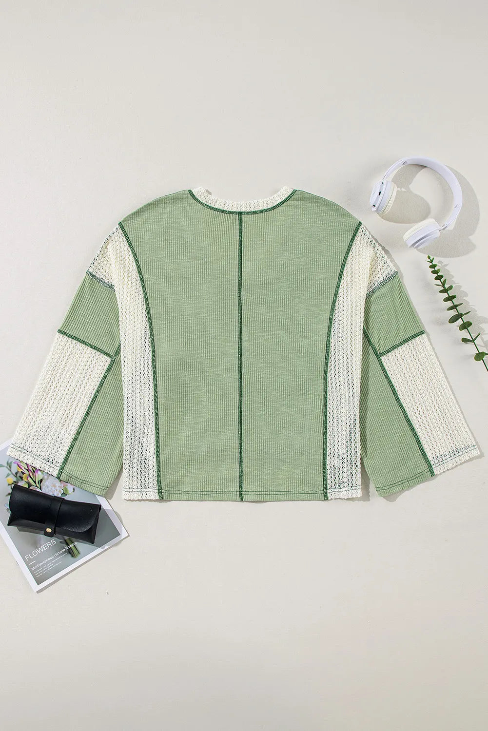 Lace Detail Contrast V-Neck Long Sleeve Blouse - The Goddess Galleries