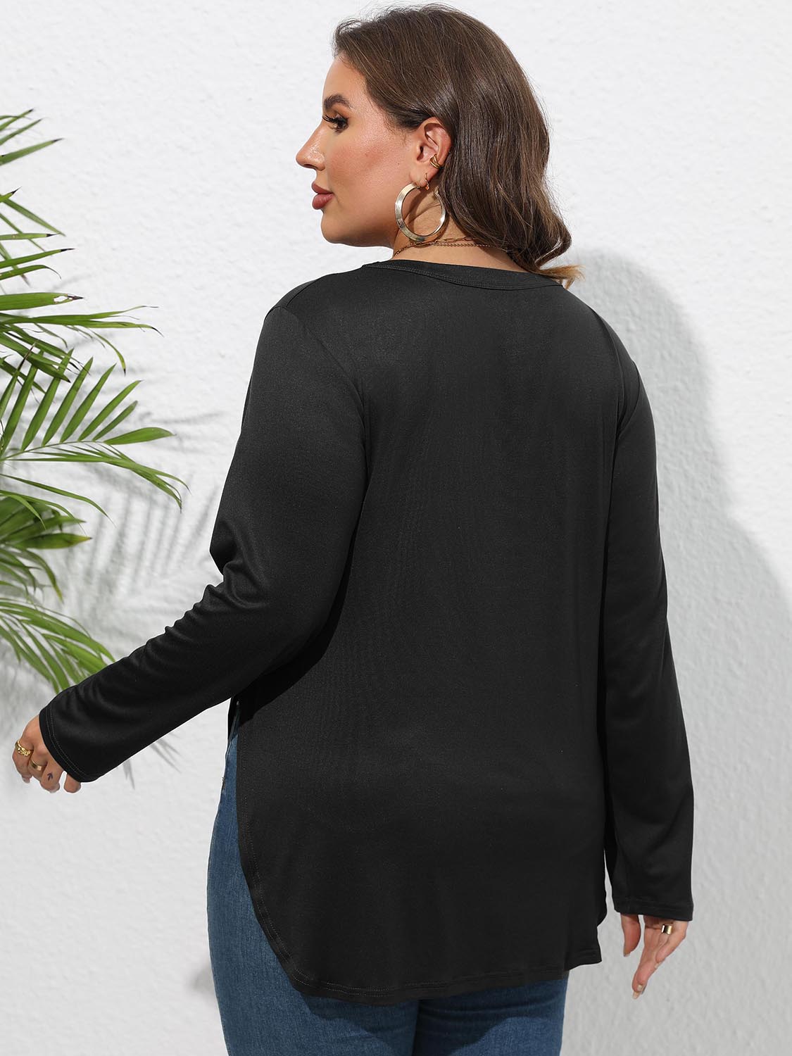 Plus Size Round Neck Long Sleeve Slit T-Shirt - The Goddess Galleries