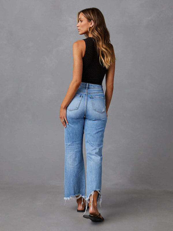 Women's tassel washed ripped wide leg jeans - The Goddess Galleries