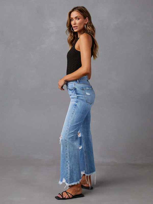 Women's tassel washed ripped wide leg jeans - The Goddess Galleries