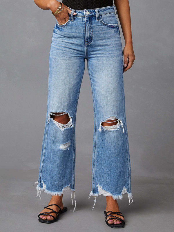 Women's tassel washed ripped wide leg jeans - The Goddess Galleries