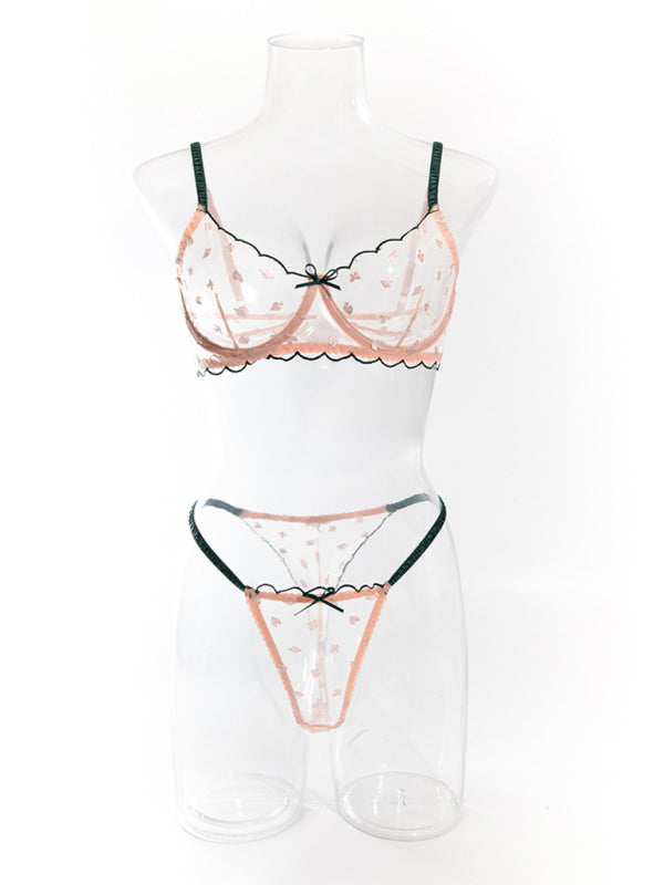 Sexy bra set with playing card pattern embroidery, transparent lace, underwire, gathered Underwear set - The Goddess Galleries
