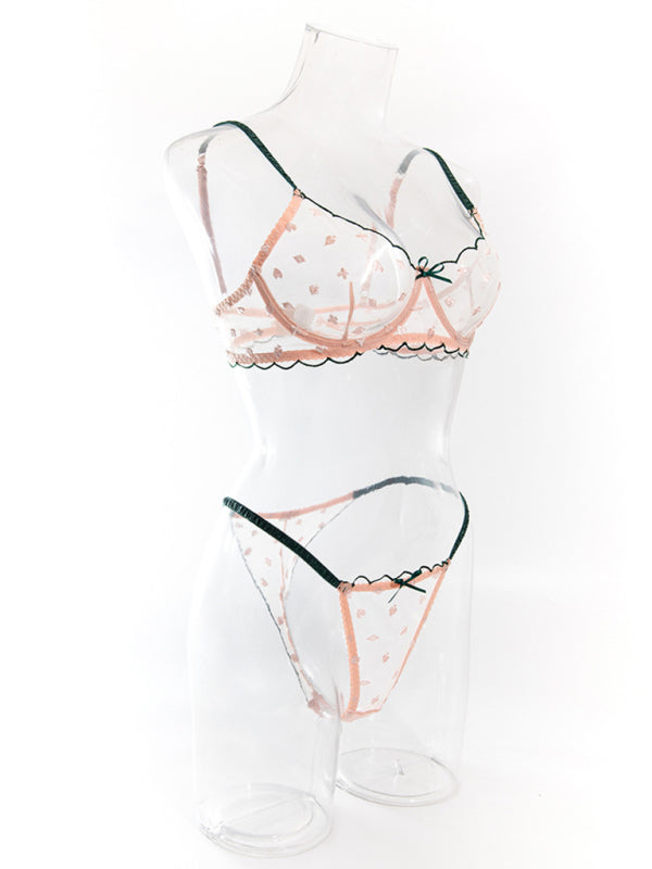 Sexy bra set with playing card pattern embroidery, transparent lace, underwire, gathered Underwear set - The Goddess Galleries