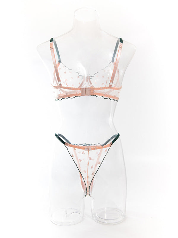 Sexy bra set with playing card pattern embroidery, transparent lace, underwire, gathered Underwear set - The Goddess Galleries