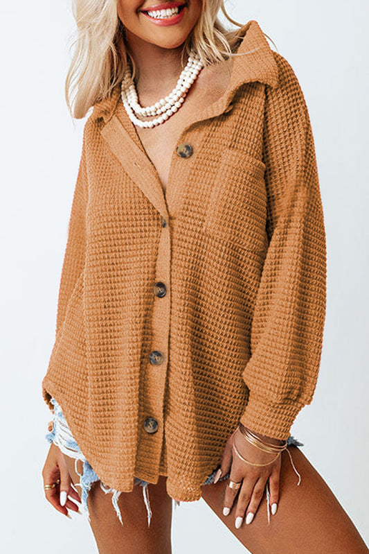 Waffle-Knit Collared Neck Long Sleeve Shirt - The Goddess Galleries