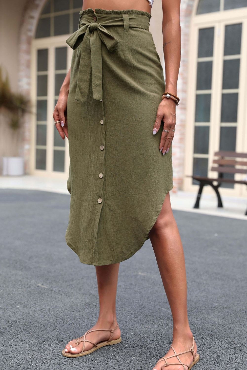 Perfee Tie Belt Frill Trim Buttoned Skirt - The Goddess Galleries