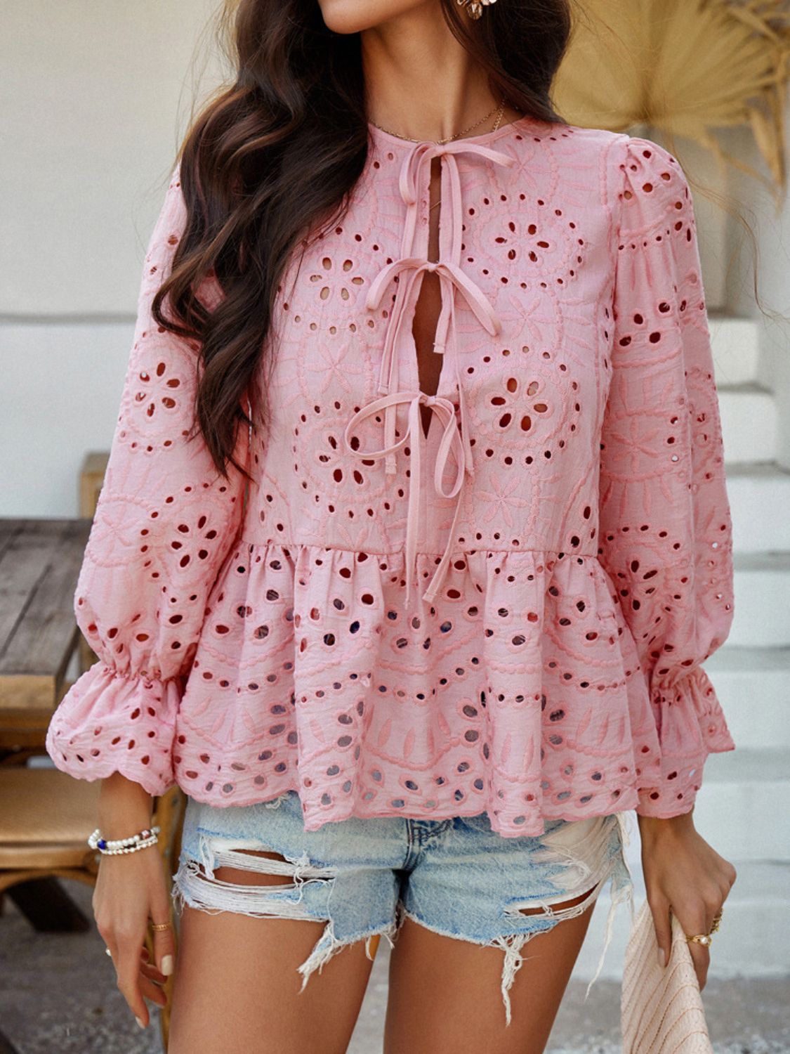 Devine Tie Front Flounce Sleeve Peplum Blouse - The Goddess Galleries
