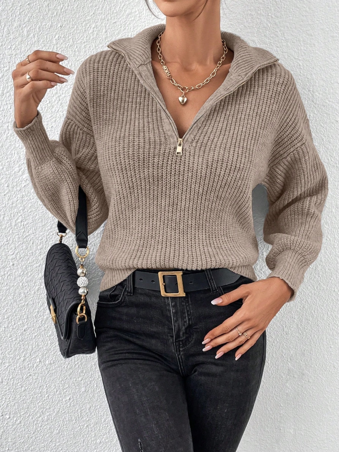 Honey Half Zip Dropped Shoulder Sweater - The Goddess Galleries