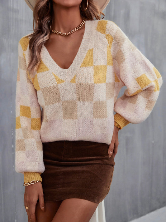 Angel Wings Checkered V-Neck Lantern Sleeve Sweater - The Goddess Galleries