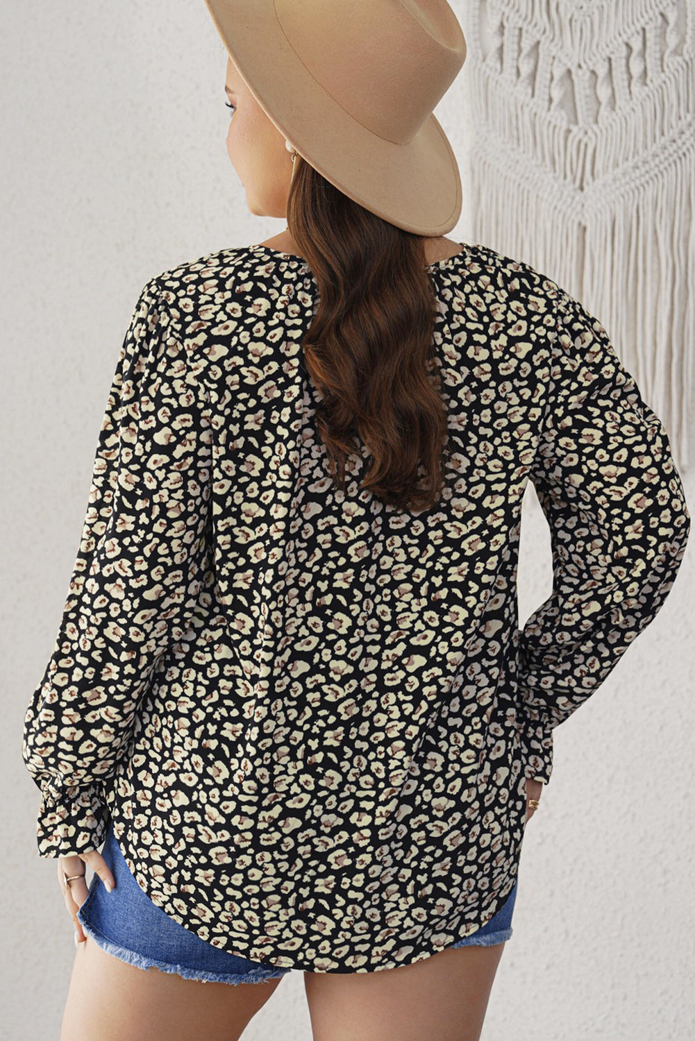 Plus Size Floral Flounce Sleeve Tie-Neck Blouse - The Goddess Galleries