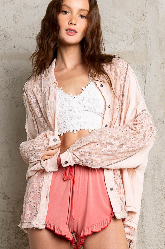 POL Oversize Lace Button-Down Shirt - The Goddess Galleries