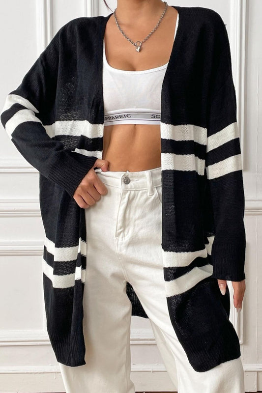Striped Open Front Dropped Shoulder Cardigan - The Goddess Galleries