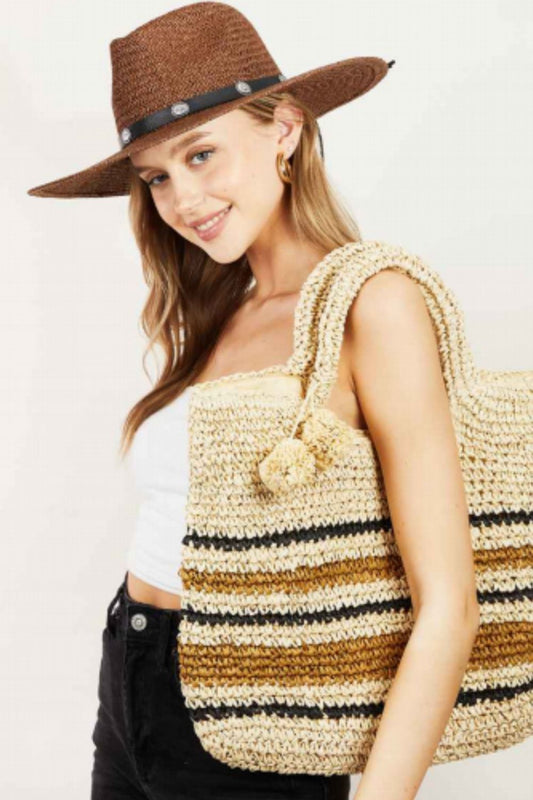 Fame Striped Straw Braided Tote Bag - The Goddess Galleries
