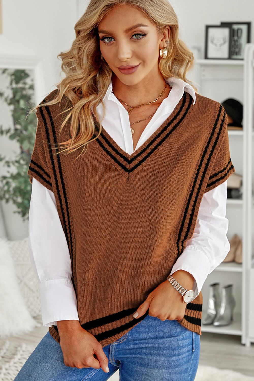 Striped Trim V-Neck Sweater Vest - The Goddess Galleries