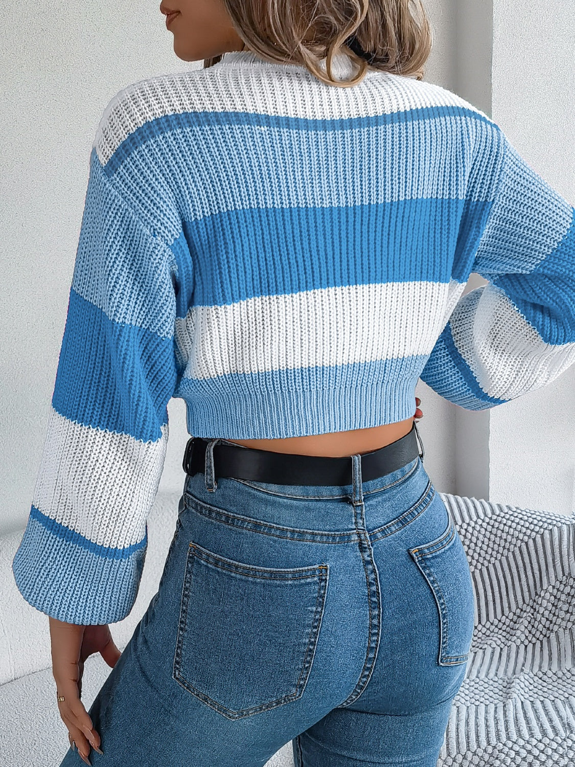 Color Block Round Neck Cropped Sweater - The Goddess Galleries