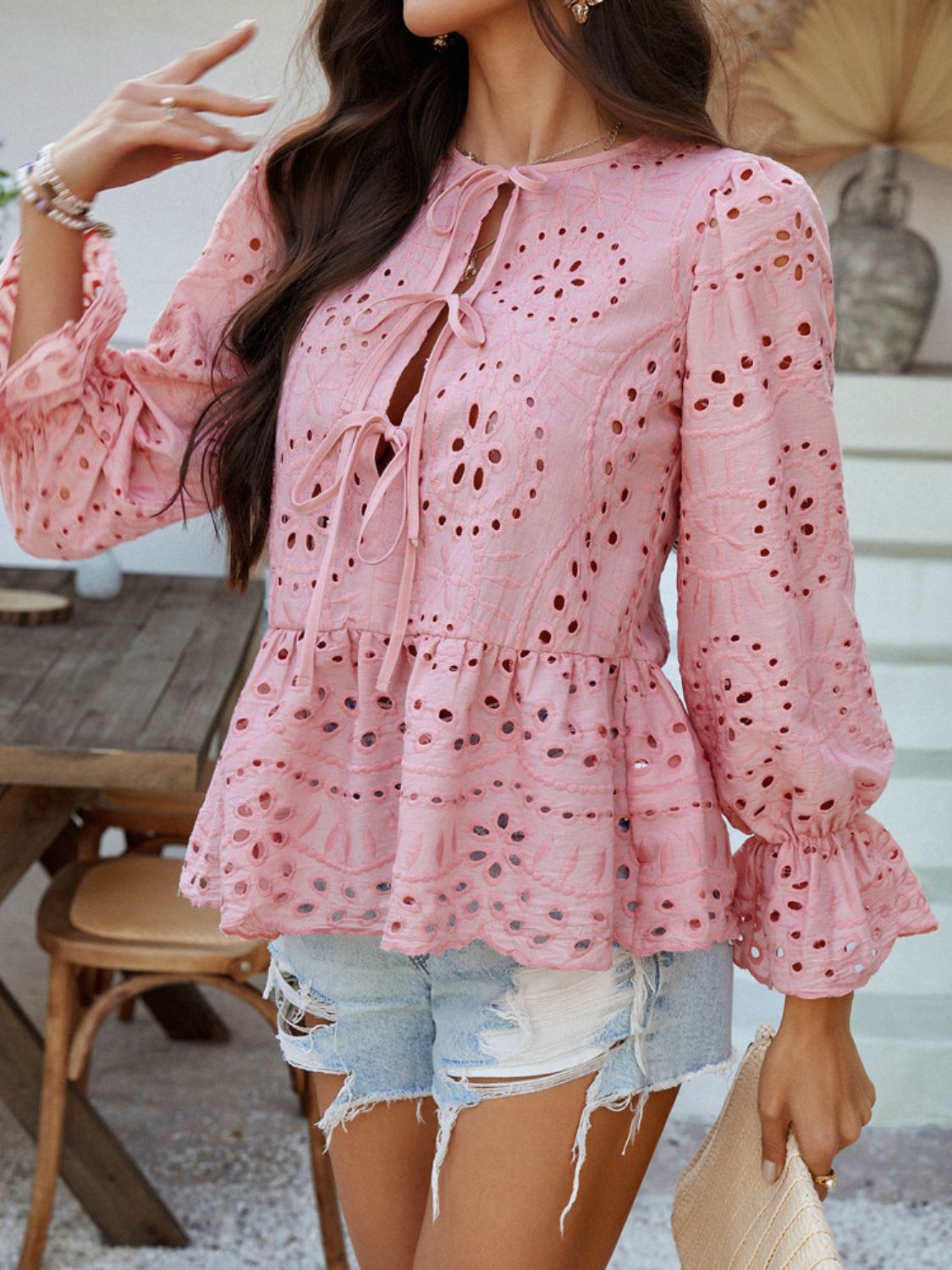 Devine Tie Front Flounce Sleeve Peplum Blouse - The Goddess Galleries