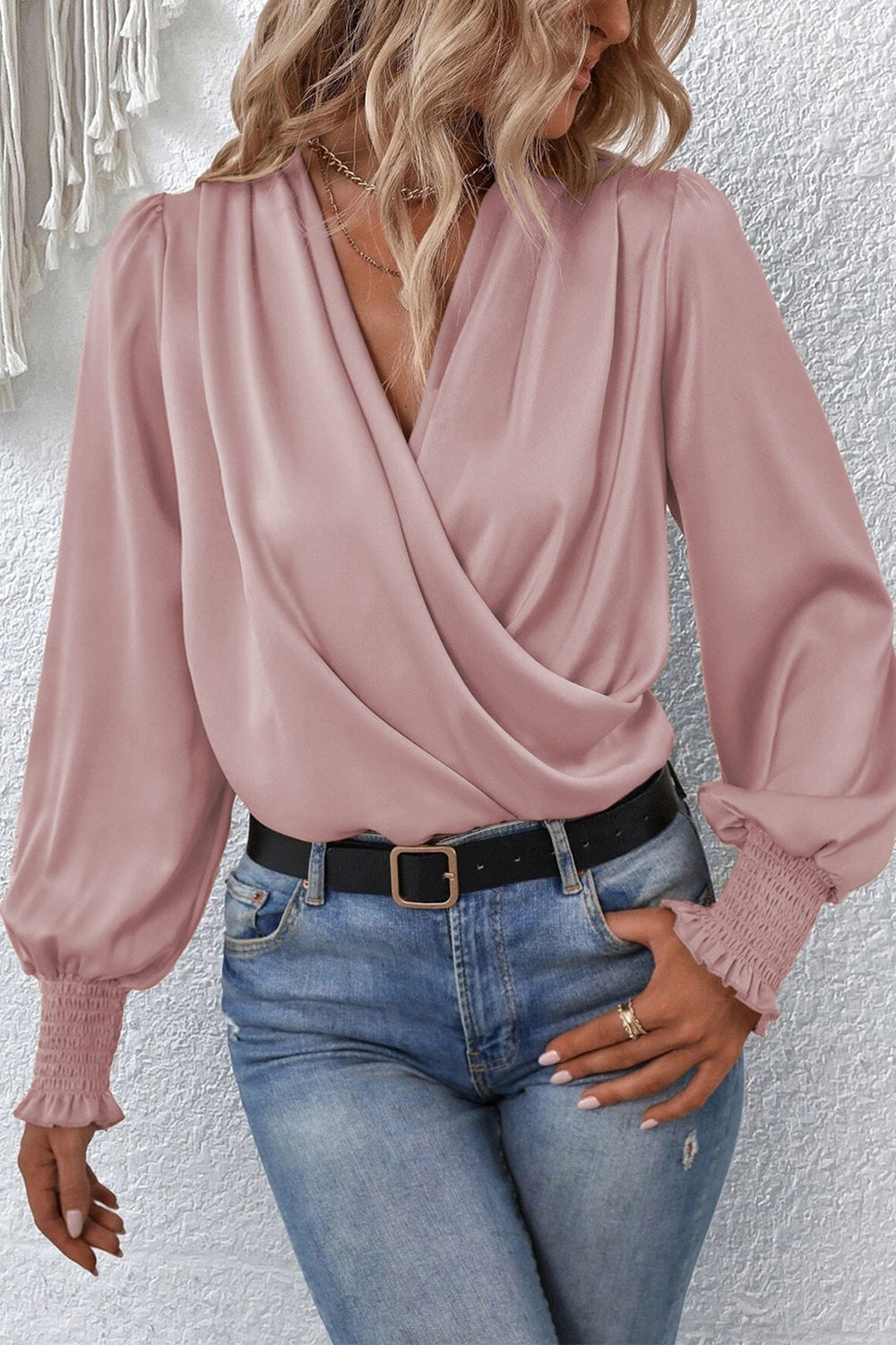 Surplice Neck Lantern Sleeve Blouse - The Goddess Galleries