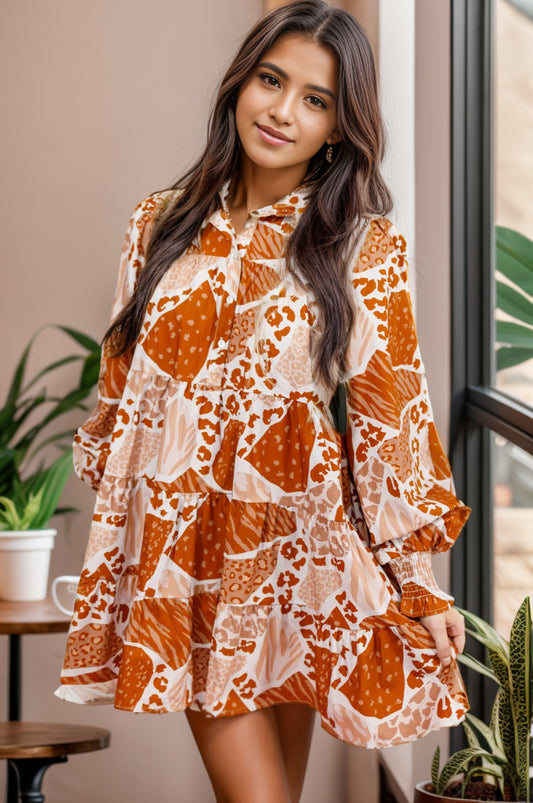 Printed Tiered Half Button Lantern Sleeve Mini Dress - The Goddess Galleries