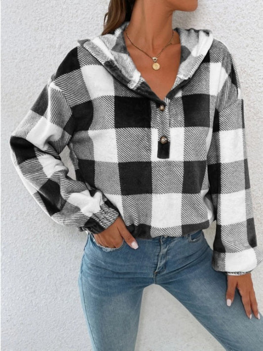 Plaid Half Button Long Sleeve Hoodie - The Goddess Galleries