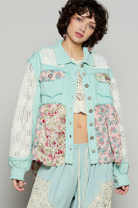 POL Floral Crochet Lace Frayed Edge Button Up Shacket - The Goddess Galleries
