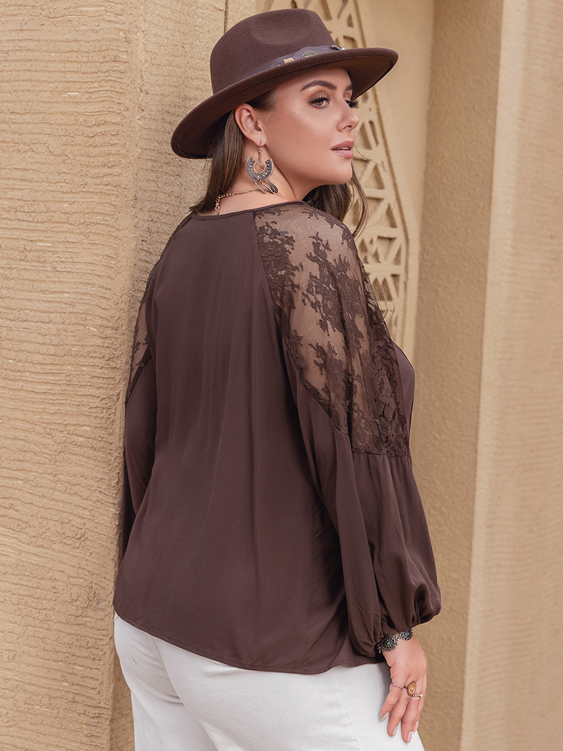 Plus Size Lace Detail Tie Neck Long Sleeve Blouse - The Goddess Galleries