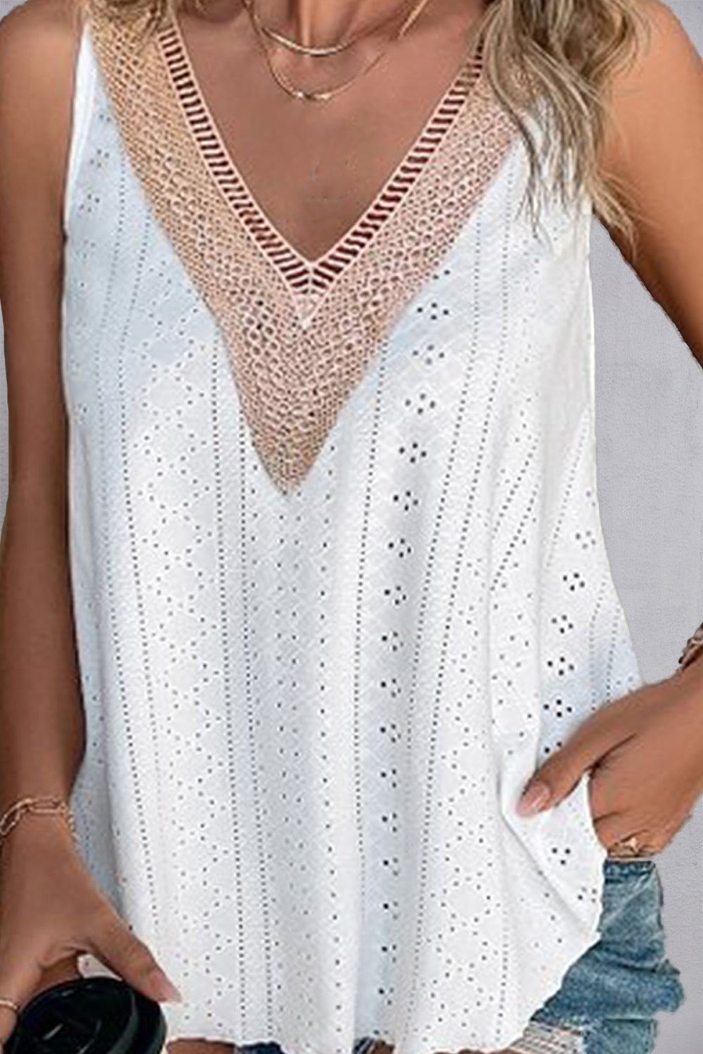 Lace Detail Eyelet V-Neck Tank - The Goddess Galleries