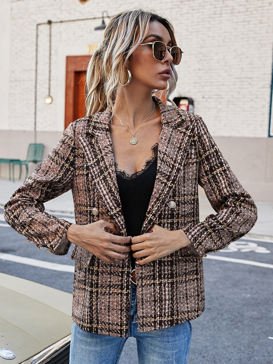 Full Size Plaid Lapel Collar Blazer - The Goddess Galleries