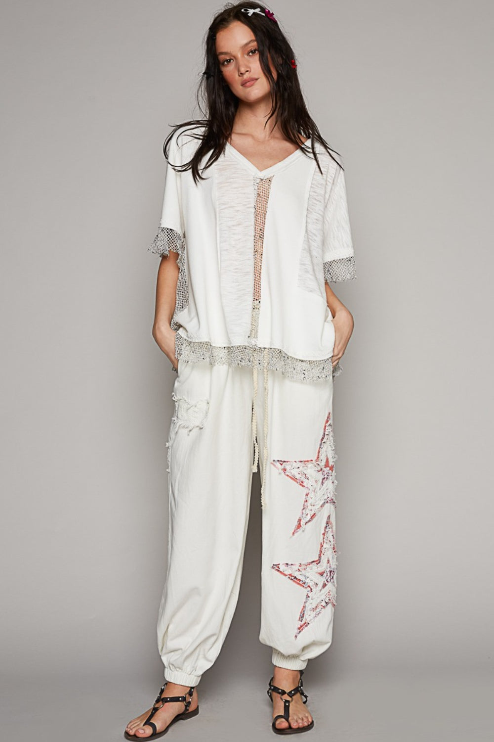 POL Openwork V-Neck Half Sleeve Top - The Goddess Galleries