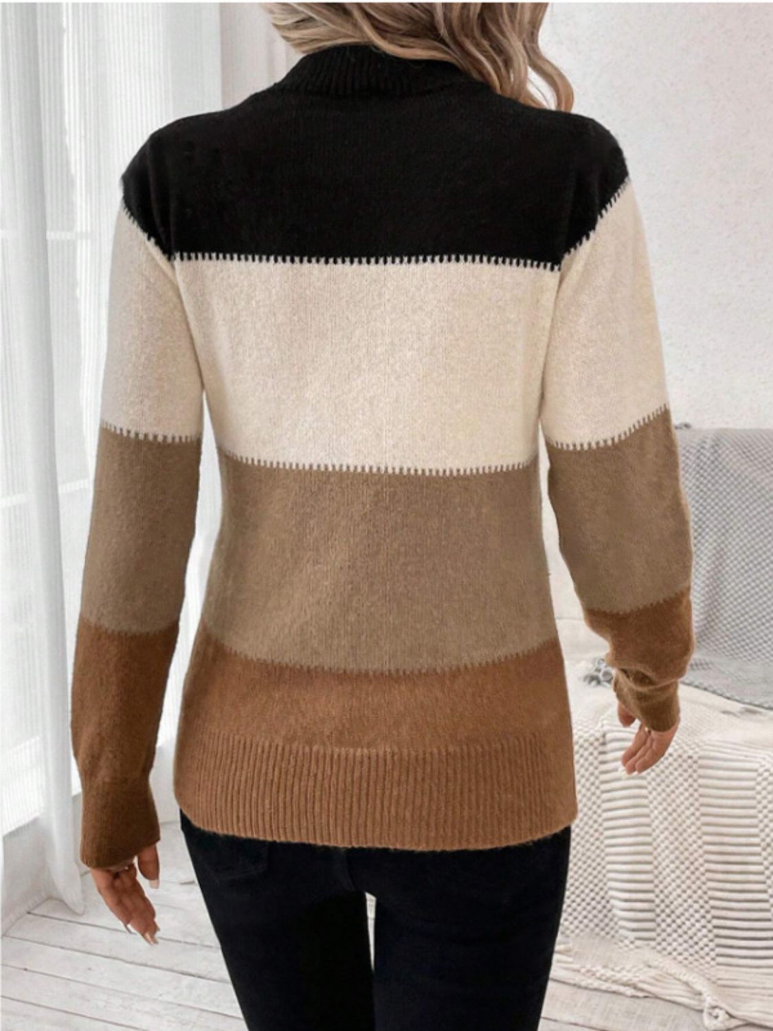 Color Block Mock Neck Long Sleeve Sweater - The Goddess Galleries
