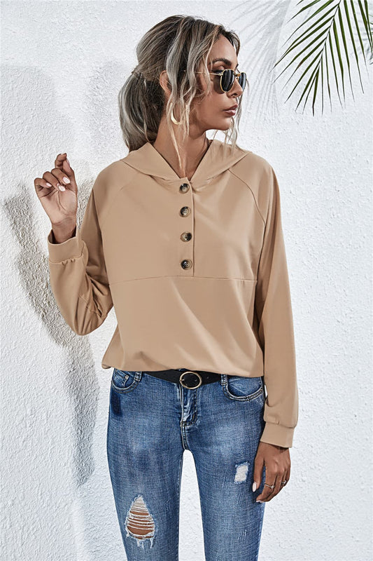Buttoned Raglan Sleeve Hooded Blouse - The Goddess Galleries