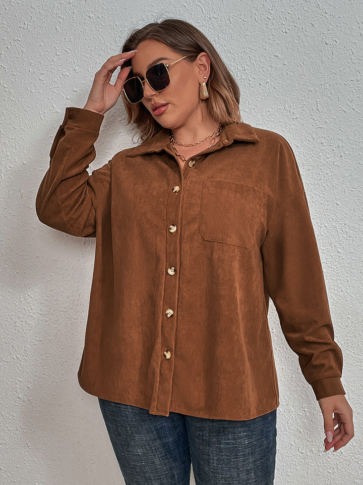 Honey Plus Size Collared Neck Long Sleeve Shirt - The Goddess Galleries