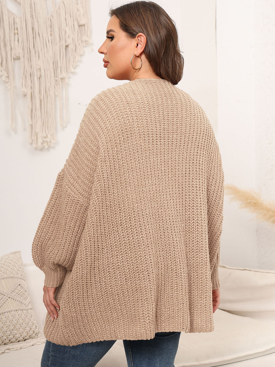 Plus Size Open Front Dropped Shoulder Knit Cardigan - The Goddess Galleries
