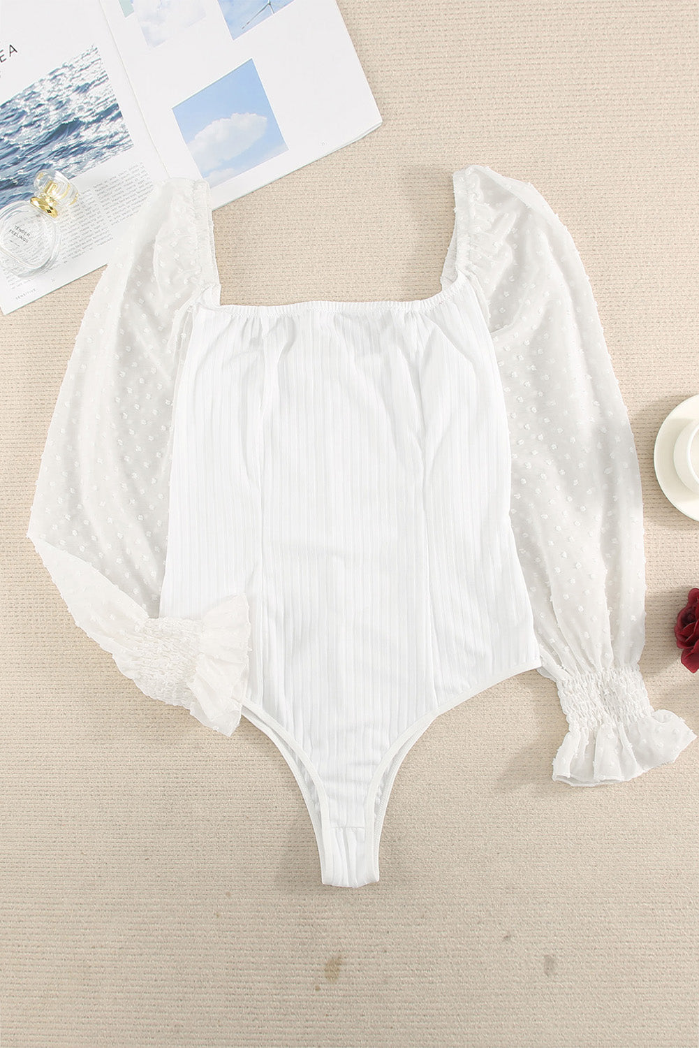Swiss Dot Flounce Sleeve Square Neck Bodysuit - The Goddess Galleries