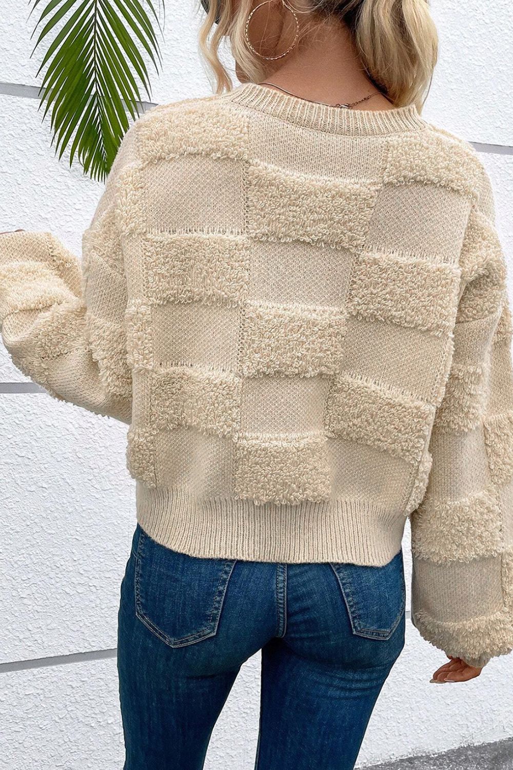 Checkered Round Neck Dropped Shoulder Sweater - The Goddess Galleries