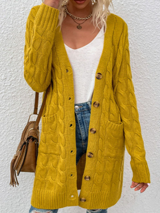 Cable-Knit Button Down Cardigan with Pockets - The Goddess Galleries