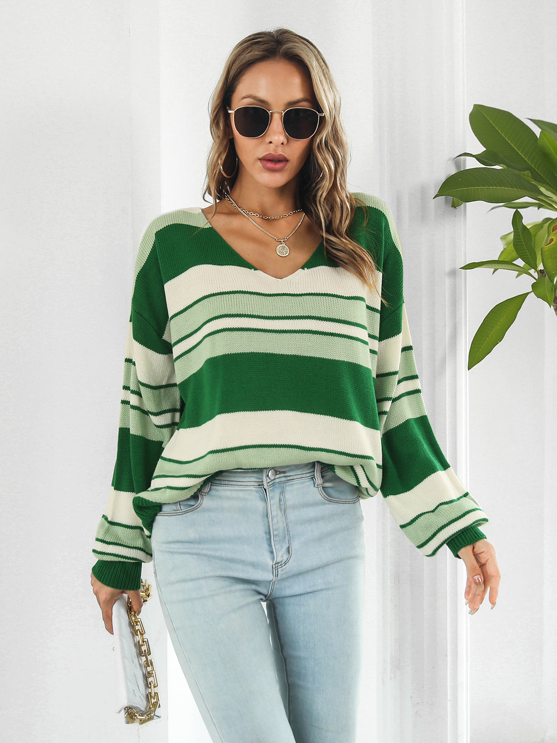 Striped V-Neck Long Sleeve Knit Top - The Goddess Galleries