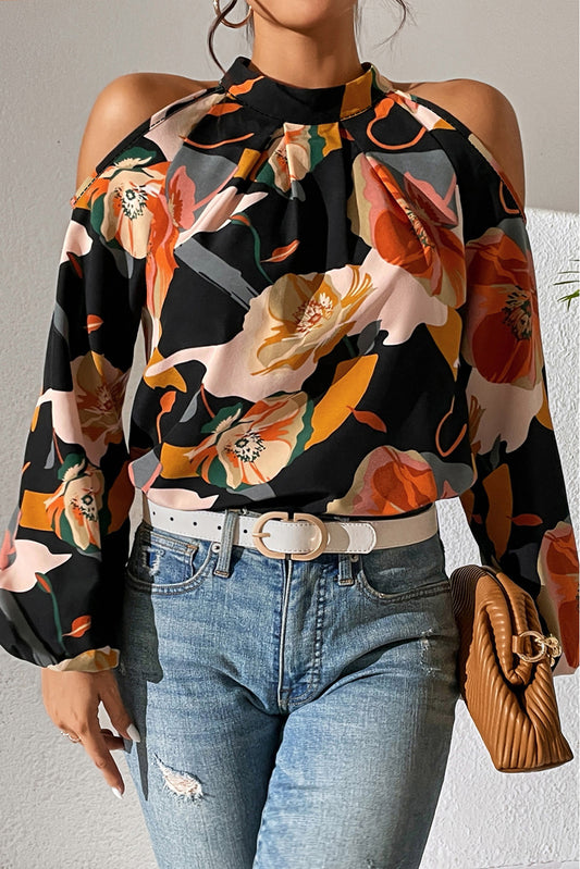 Floral Cold Shoulder Balloon Sleeve Blouse - The Goddess Galleries