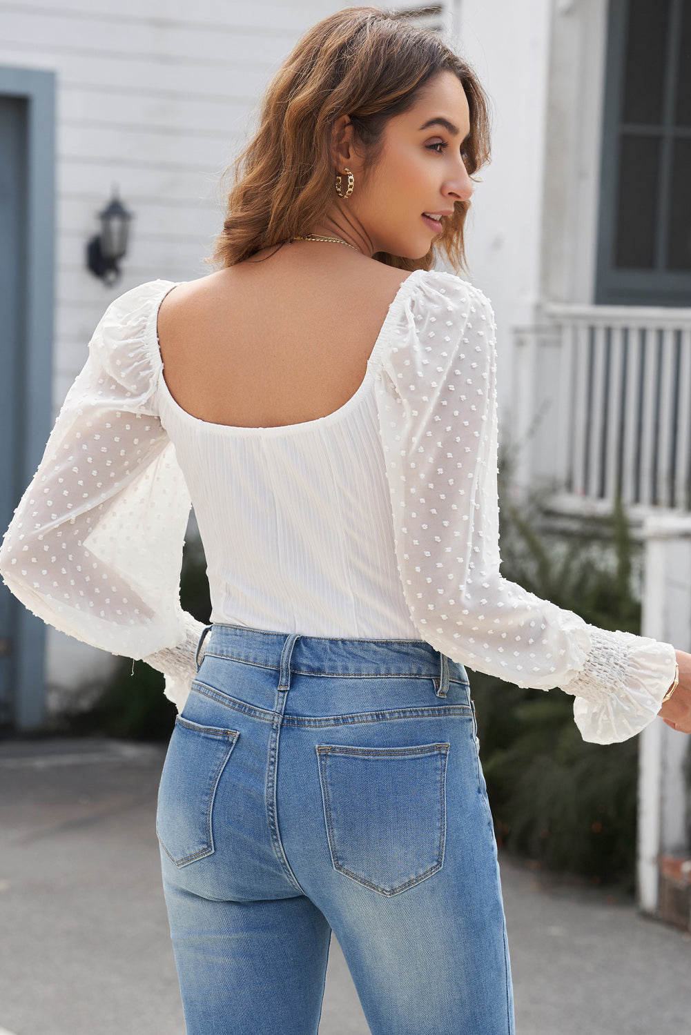 Swiss Dot Flounce Sleeve Square Neck Bodysuit - The Goddess Galleries