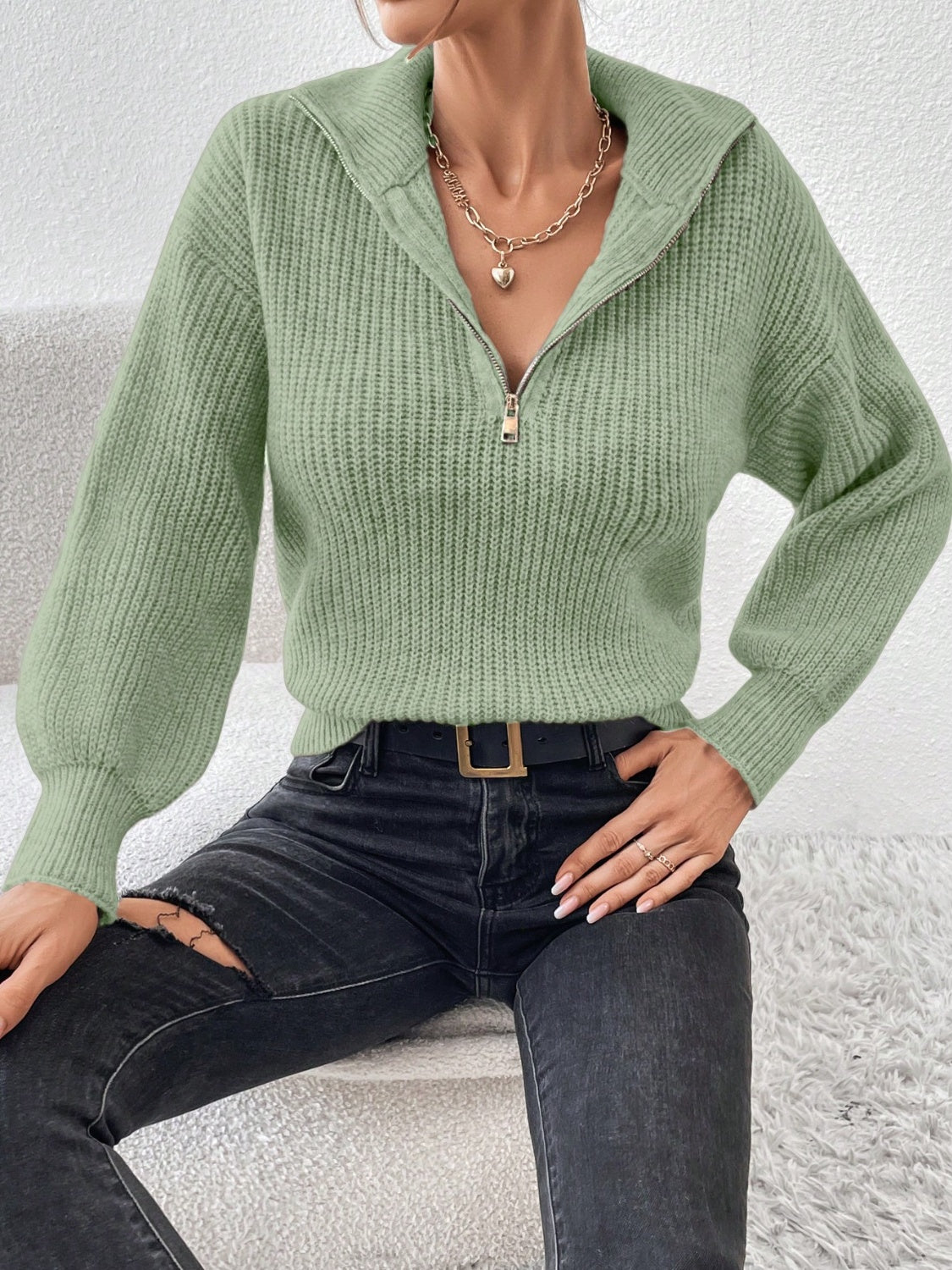 Honey Half Zip Dropped Shoulder Sweater - The Goddess Galleries