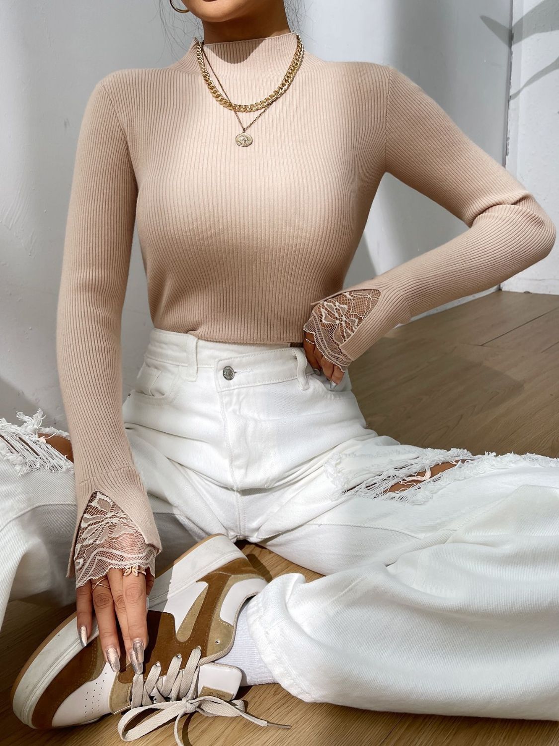 Lace Detail Mock Neck Long Sleeve Sweater - The Goddess Galleries