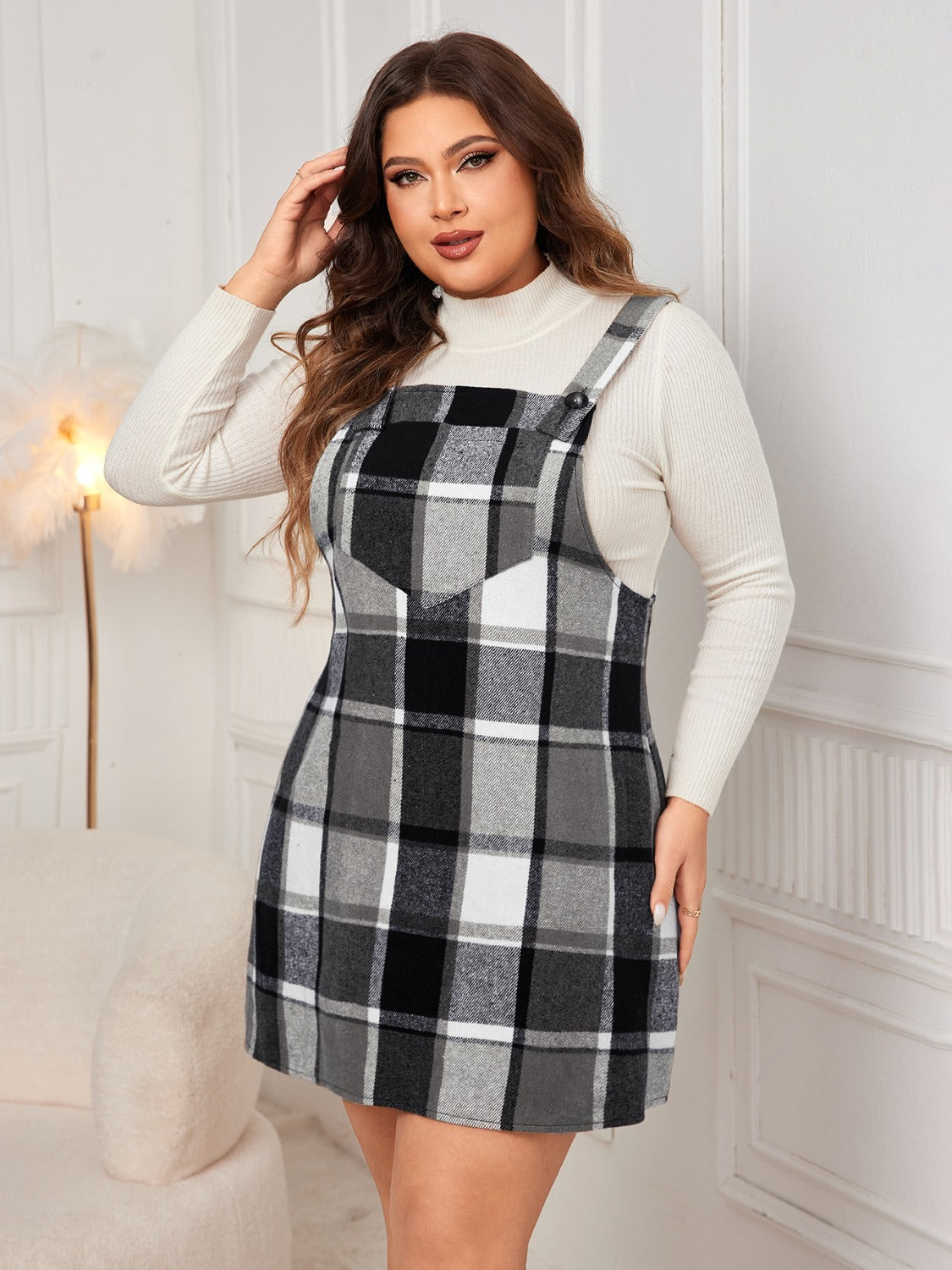 Honey Plus Size Plaid Wide Strap Overall Dress - The Goddess Galleries