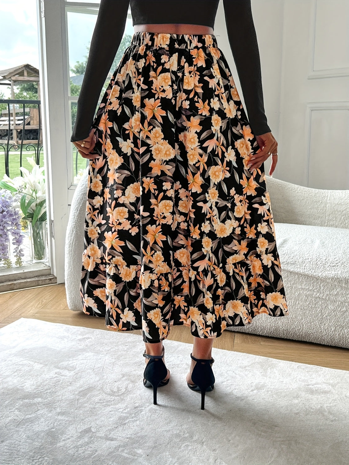 Floral Elastic Waist Midi Skirt - The Goddess Galleries