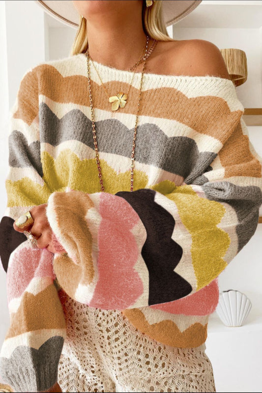 Contrast Boat Neck Long Sleeve Sweater - The Goddess Galleries